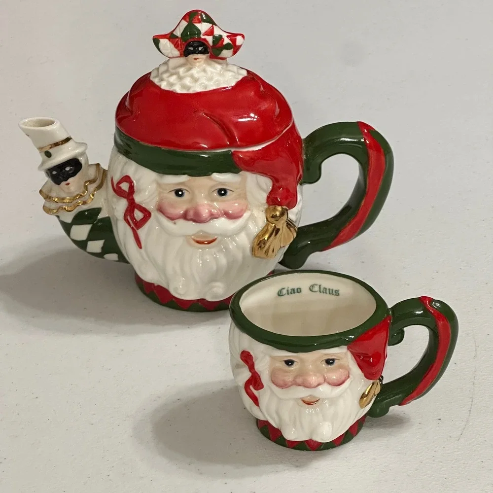 Ciao Claus Santa Harlequin Tea Set Ceramic Teapot & Cup Christmas Seasonal Decor
